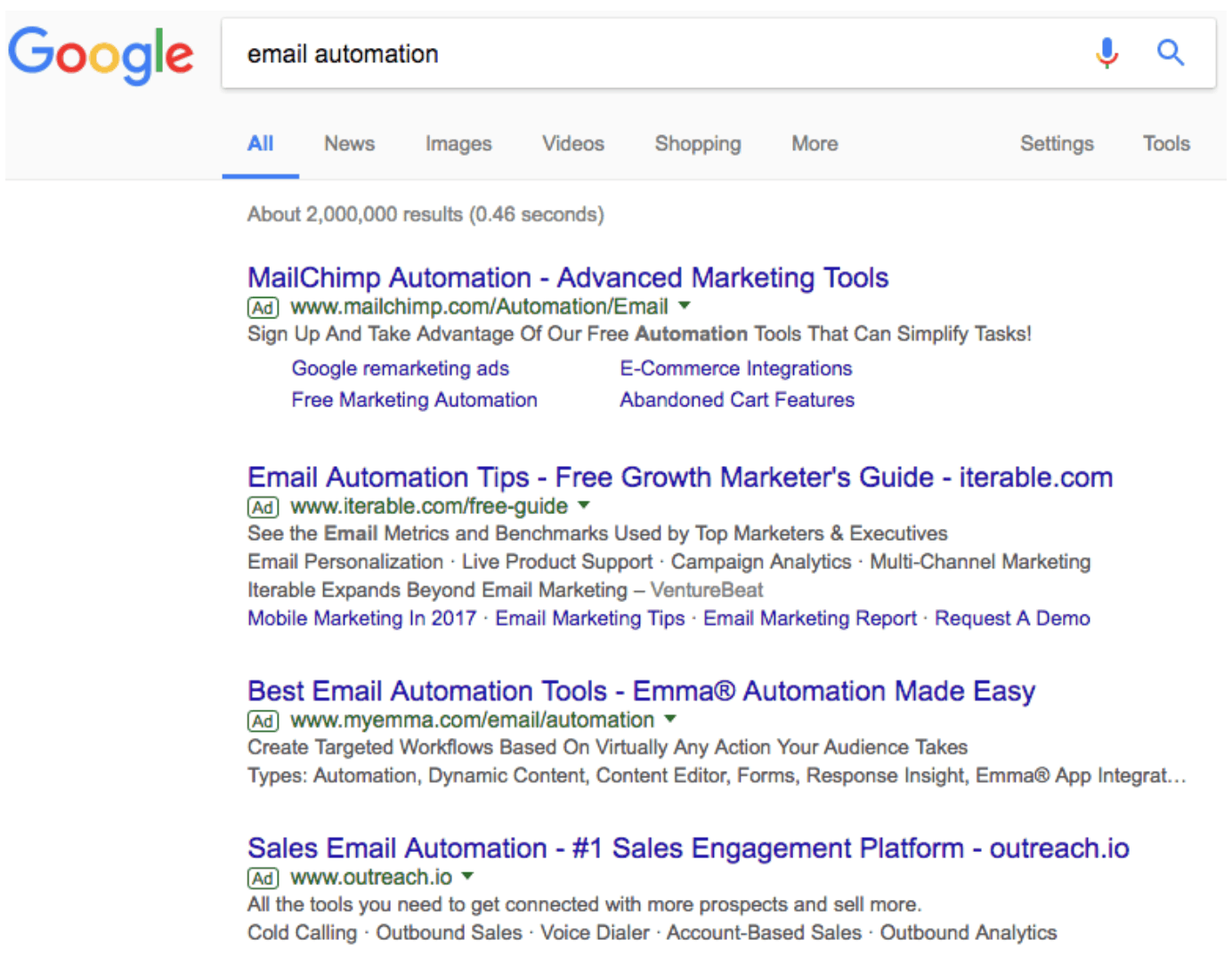 A Google SERP for the query email automation to explore marketing ideas.