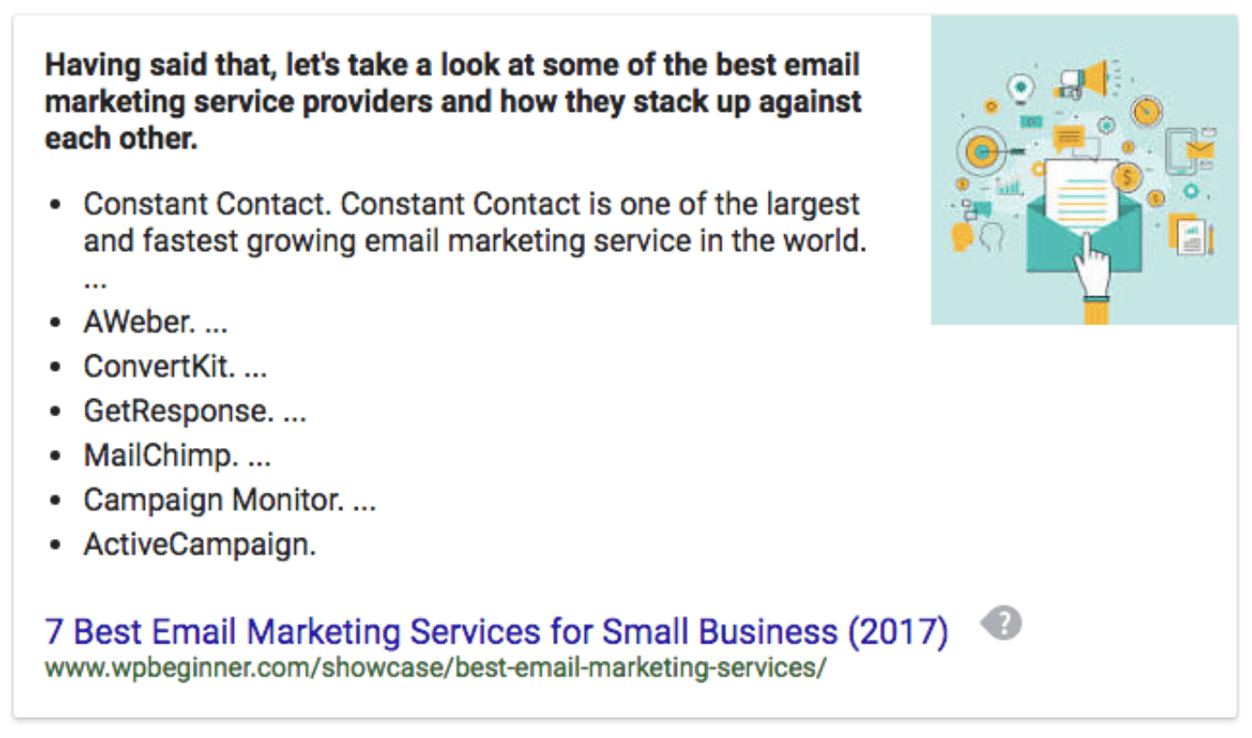 A Google featured snippet discussing email marketing services is a well sought after marketing idea.