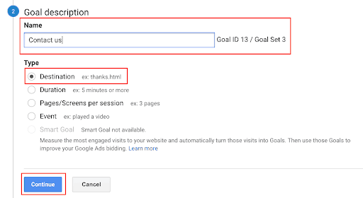 Example of step 4 in setting goals in Google Analytics. 