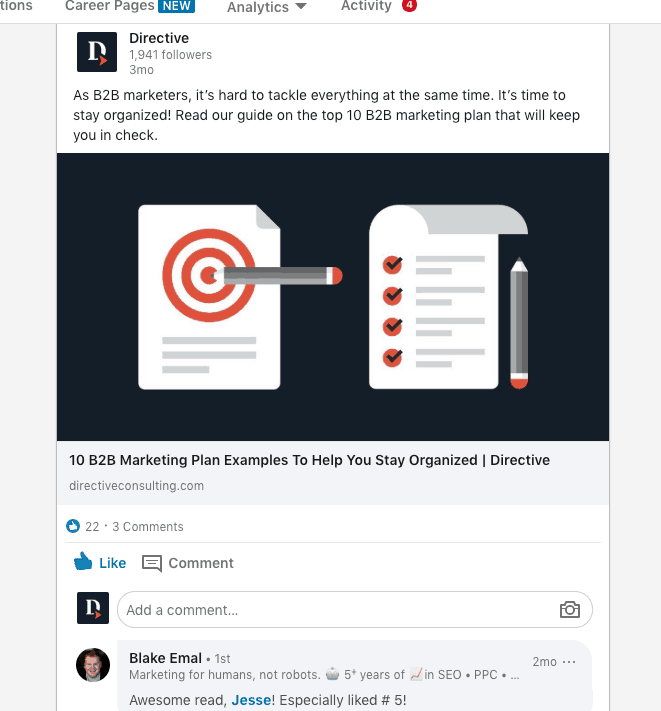 Screenshot of LinkedIn post where content marketing is published for Directive's followers to see.