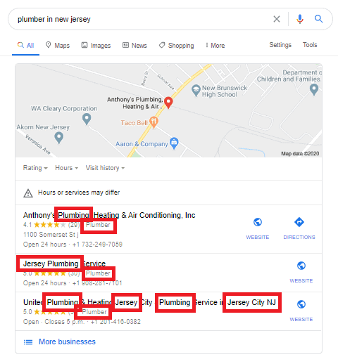 Google local search results