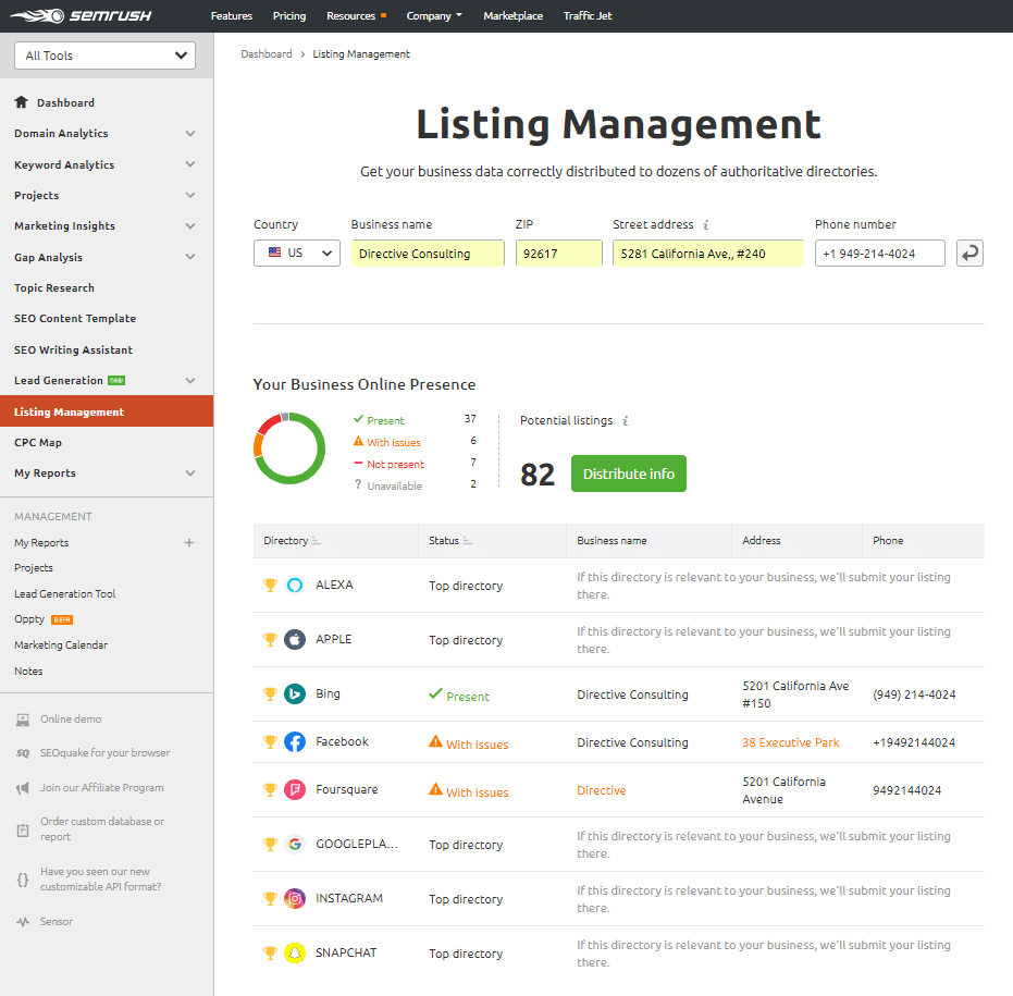 SEMrush listing management page