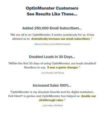 Customer Testimonials featured on OptinMonster.com