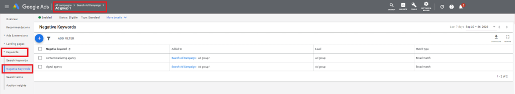 Setting up a negative keyword list