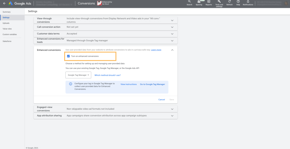 Check on Turn on enhanced conversions