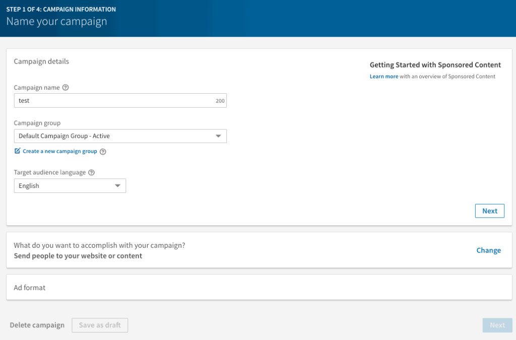 Continue setting up your LinkedIn campaign to increase database marketing efforts.