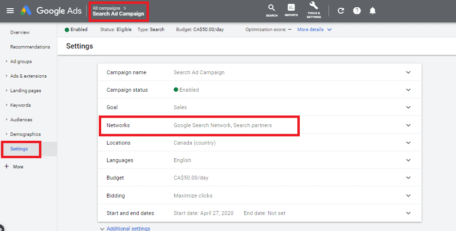 google ads google search partner setting