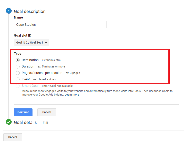 Google Analytics destination goals