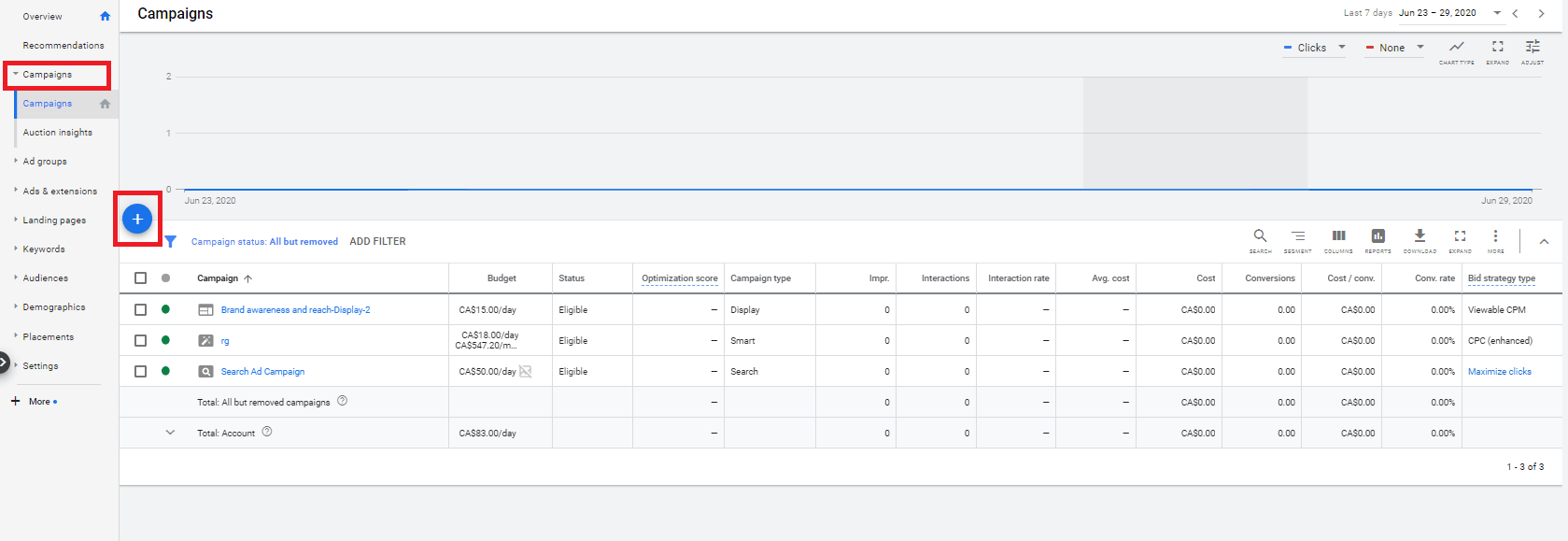 Google campaigns interface