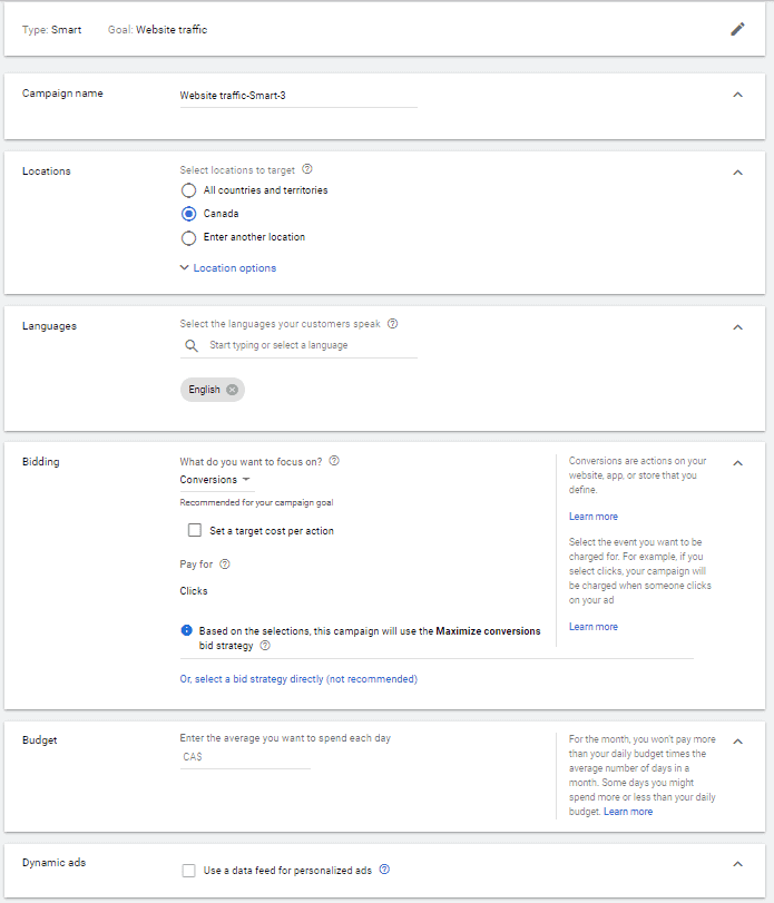 smart display campaign configuration interface