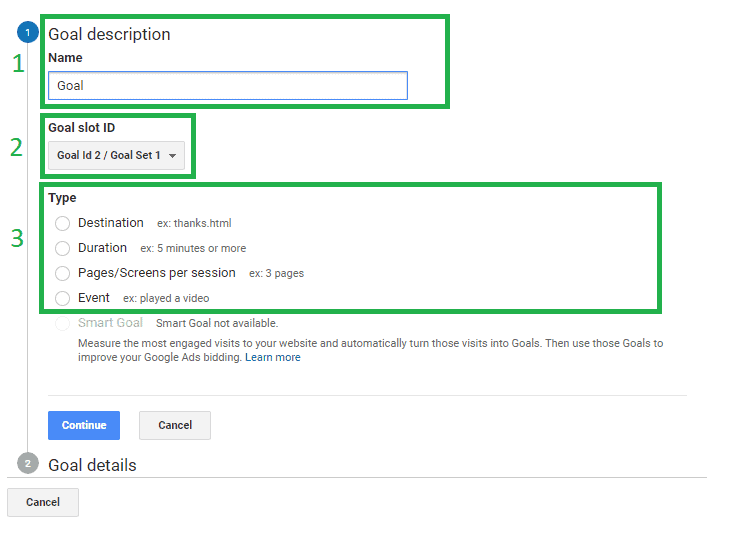 Google Analytics goal description
