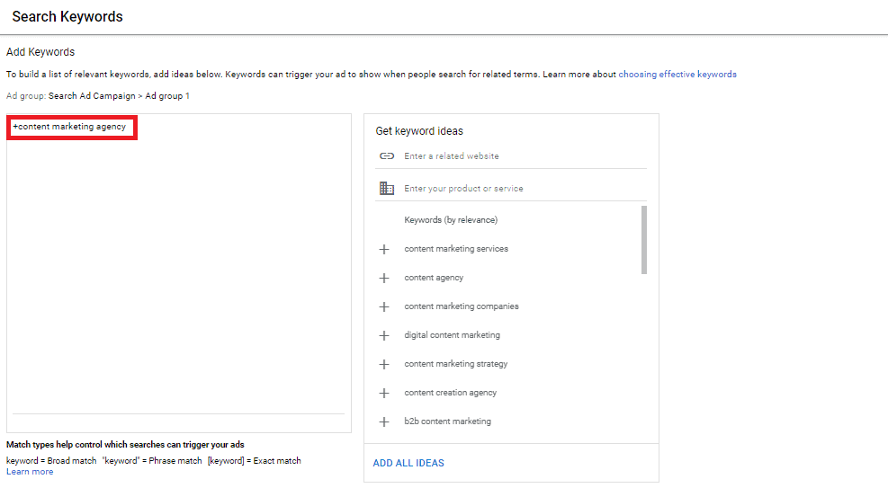 google ads modified broad match setup