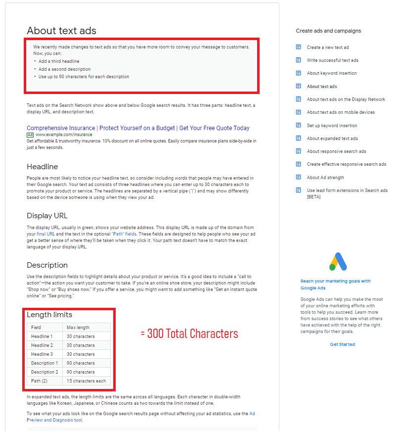 google text ad characters