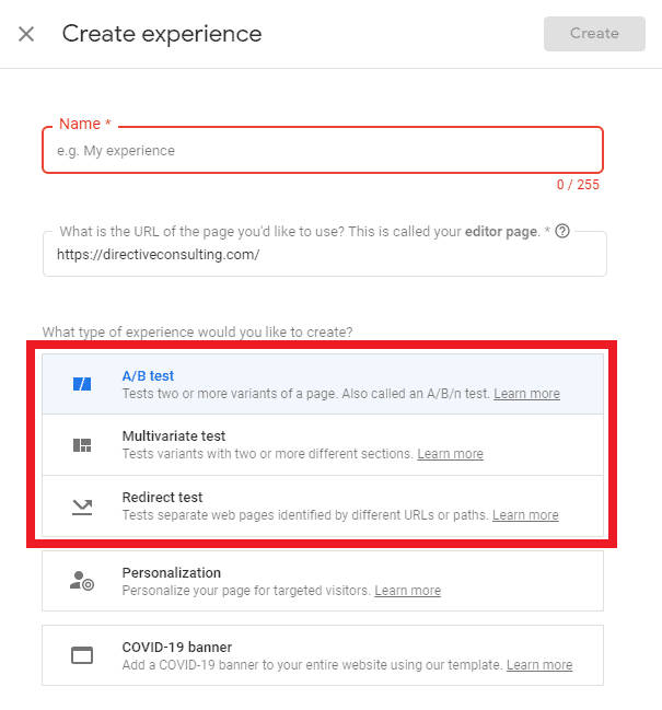 google optimize experiments