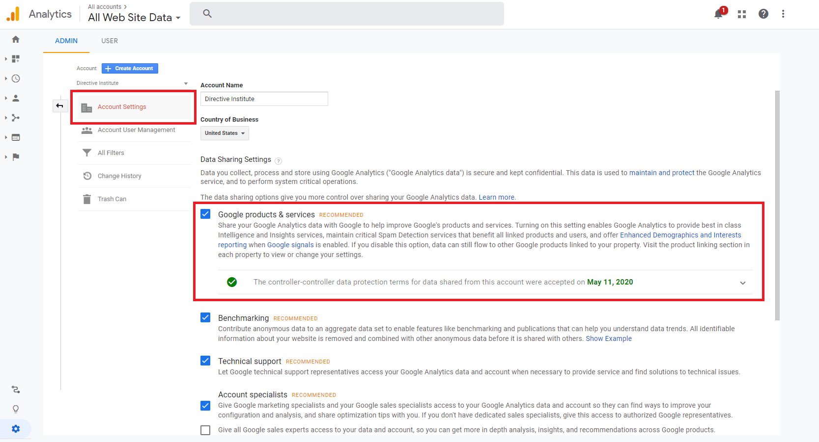 Google Analytics account settings