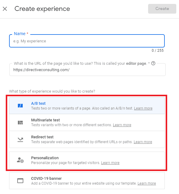google optimize experience setup