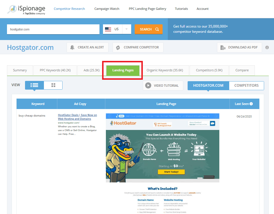 ispionage competitor landing page tool