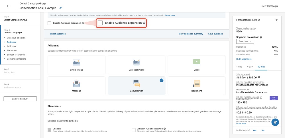 Enable Audience Expansion not selected on campaigns
