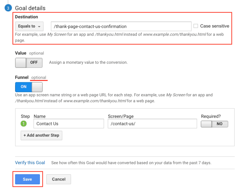 Example of step 5 in setting goals in Google Analytics. 