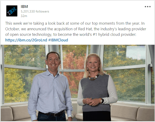 Example of business purpose in IBM social media post, which is a part of the new 4 P's of marketing.