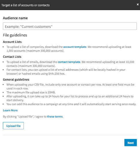 Screenshot showing how to upload a personalized list into LinkedIn Campaign Manager. 