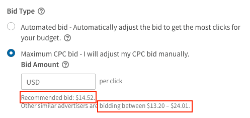 Example of recommending bid amount related to LinkedIn advertising costs.