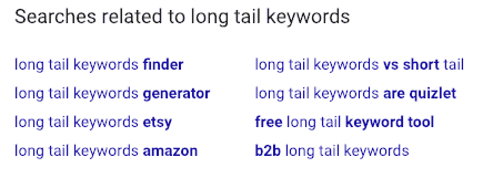 Google related searches also shows a group of related long tail keyword searches.