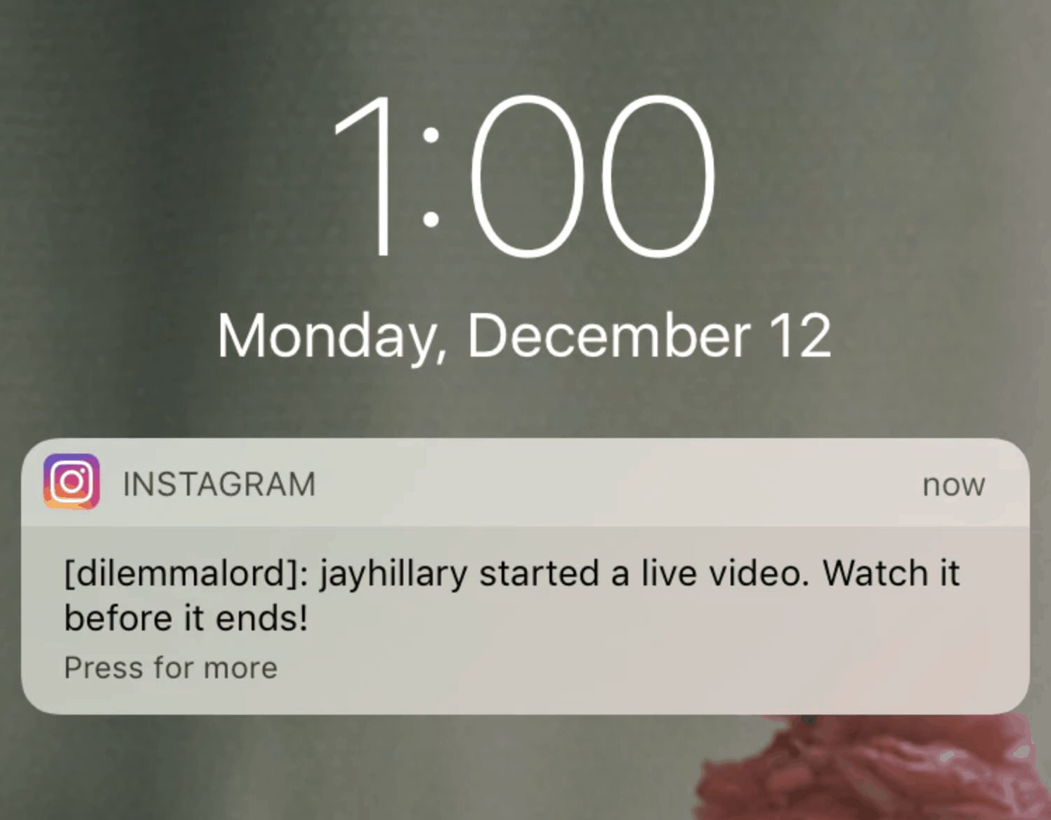 Screenshot of Instagram notification of live video content on a mobile device. 