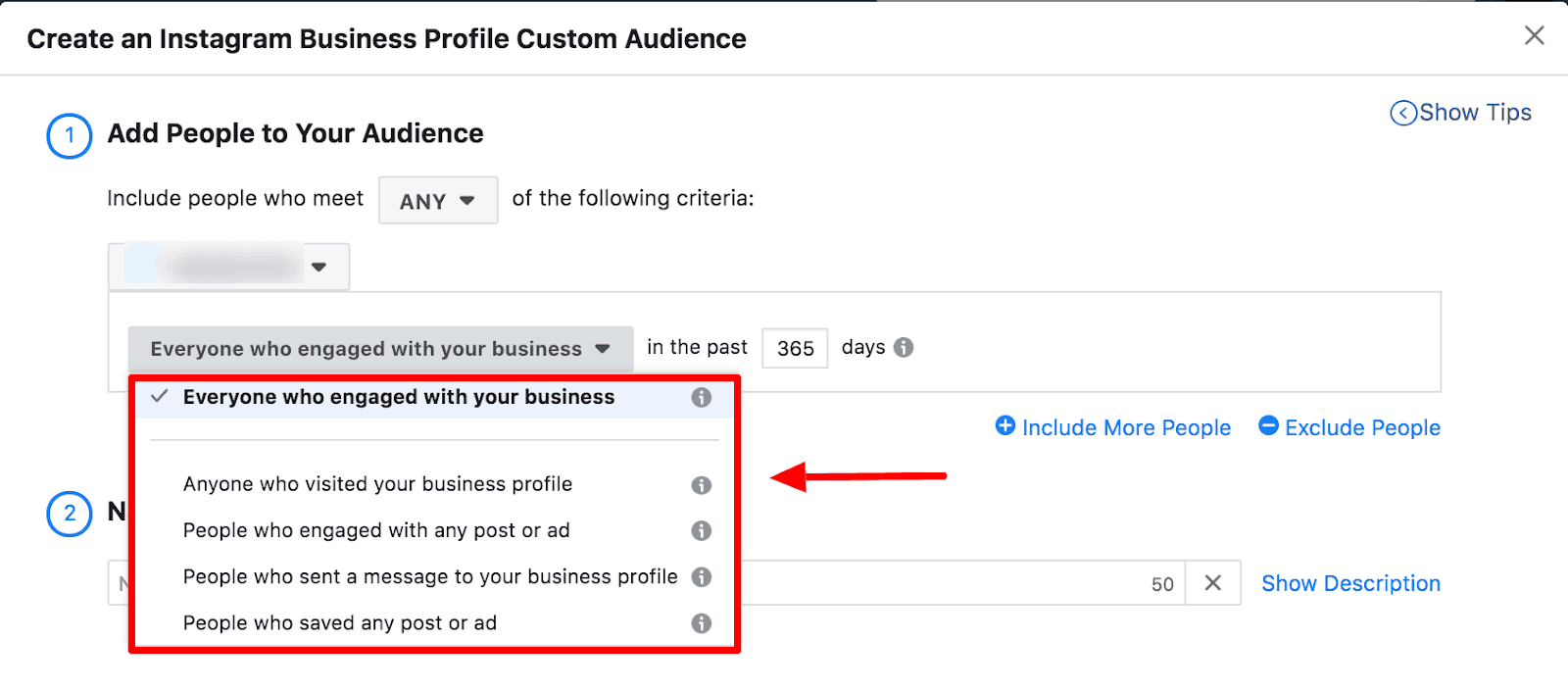 Screenshot showing how to create an Instagram Business Profile custom audience. 