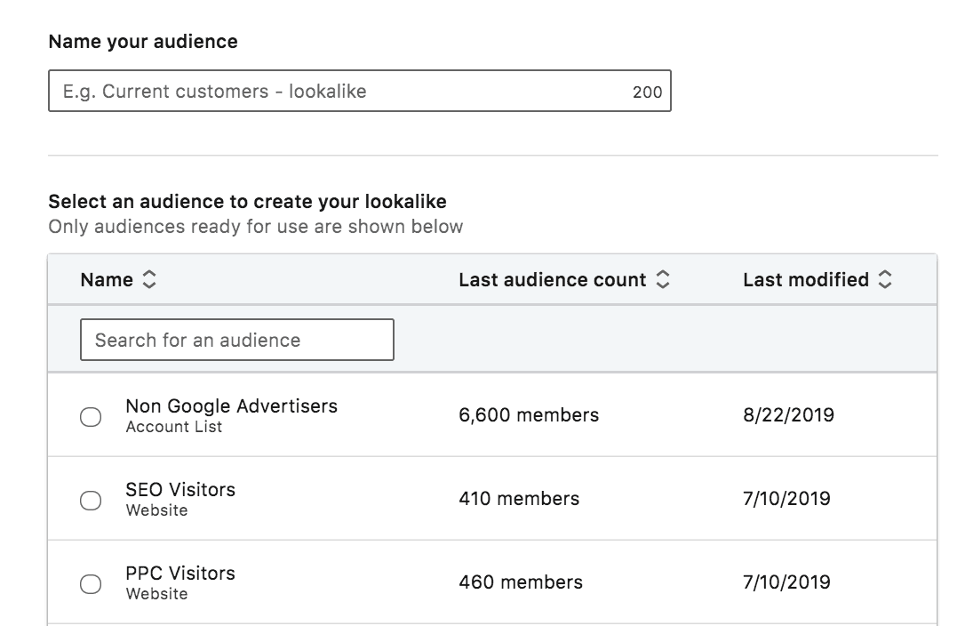 Screenshot showing how to name your lookalike audiences in LinkedIn.