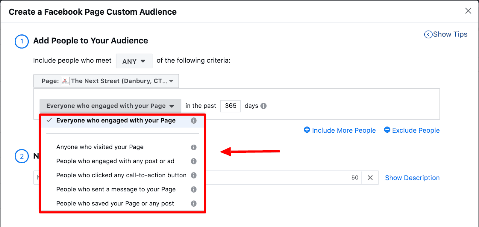 Screenshot showing how to create a Facebook Page custom audience.