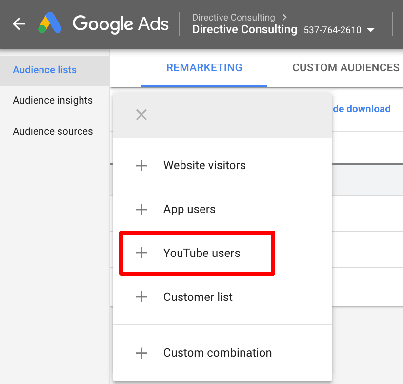 Screenshot showing how to set up remarketing to YouTube users.