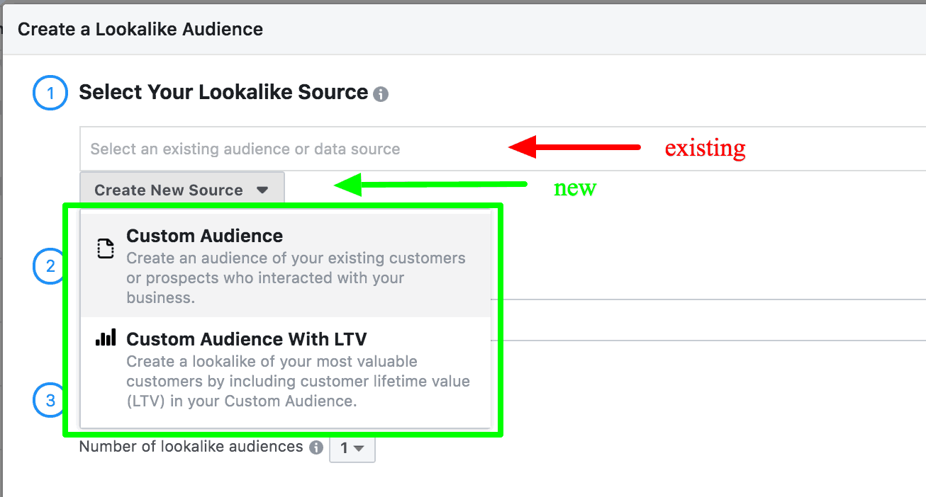 Screenshot of how to create a lookalike audience in Facebook. 