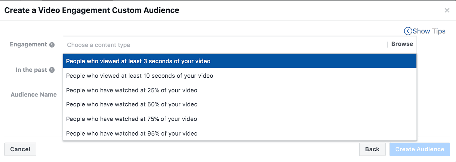 Screenshot showing how to create a video engagement custom audience in Facebook. 