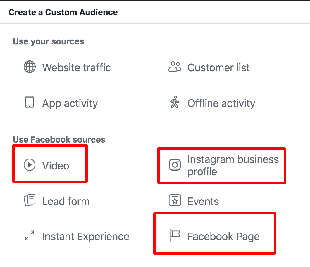 Screenshot showing how to create a custom audience in Facebook. 