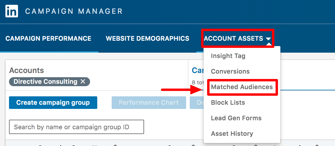Screenshot of how to set up matched audiences in LinkedIn. 