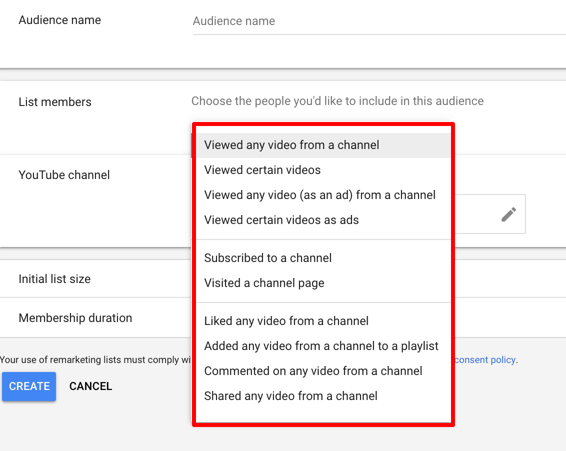 Screenshot showing how to choose specific groups you'd like to target in an remarketing campaign.