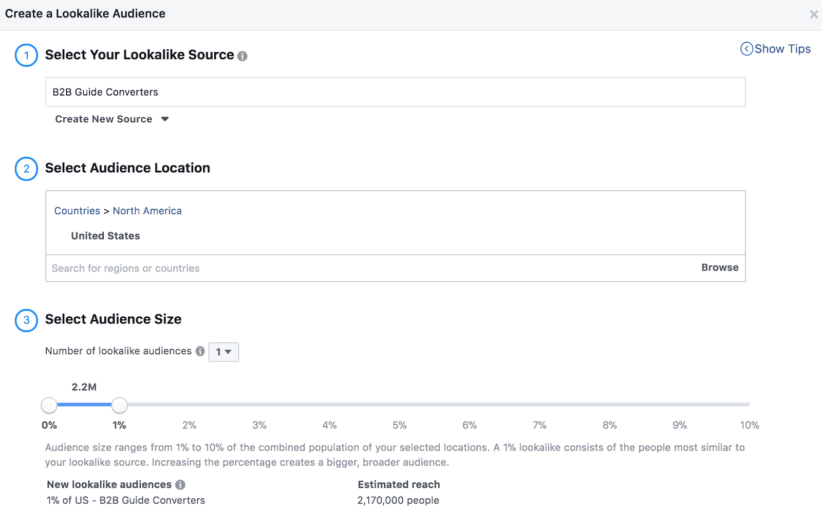 Screenshot showing how to select your audience size for a lookalike audience.