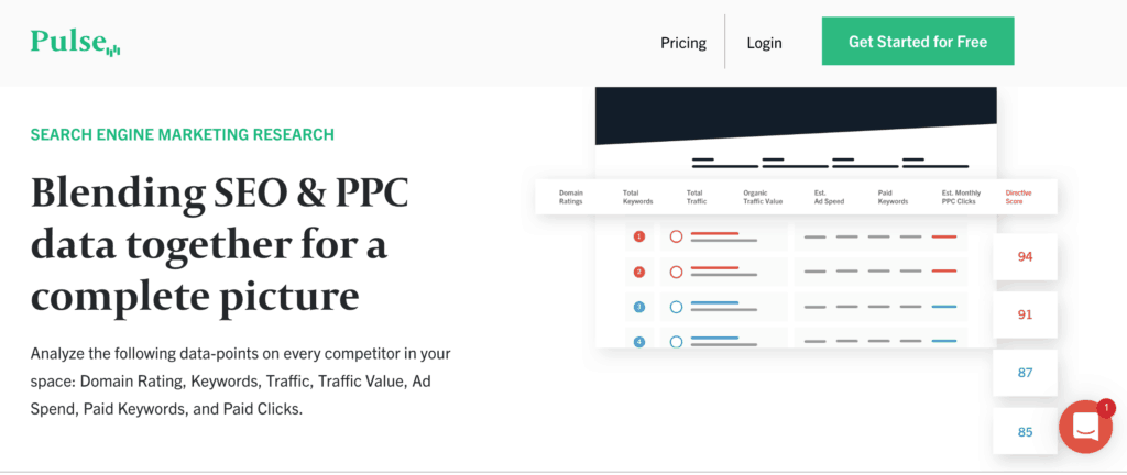 Screenshot showing inside the Pulse platform, a comprehensive database for search marketing. 
