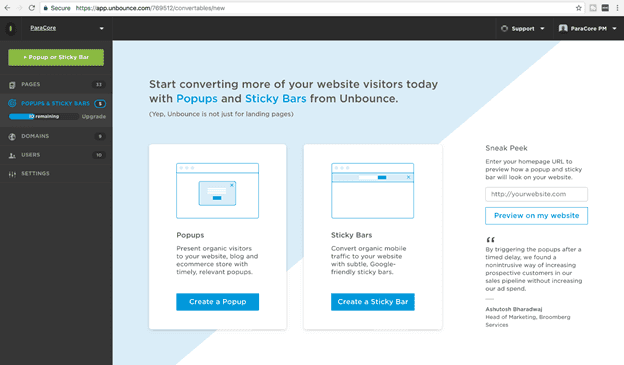 unbounce popups example