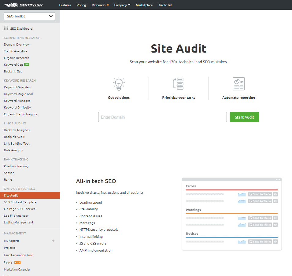 semrush site audit tool
