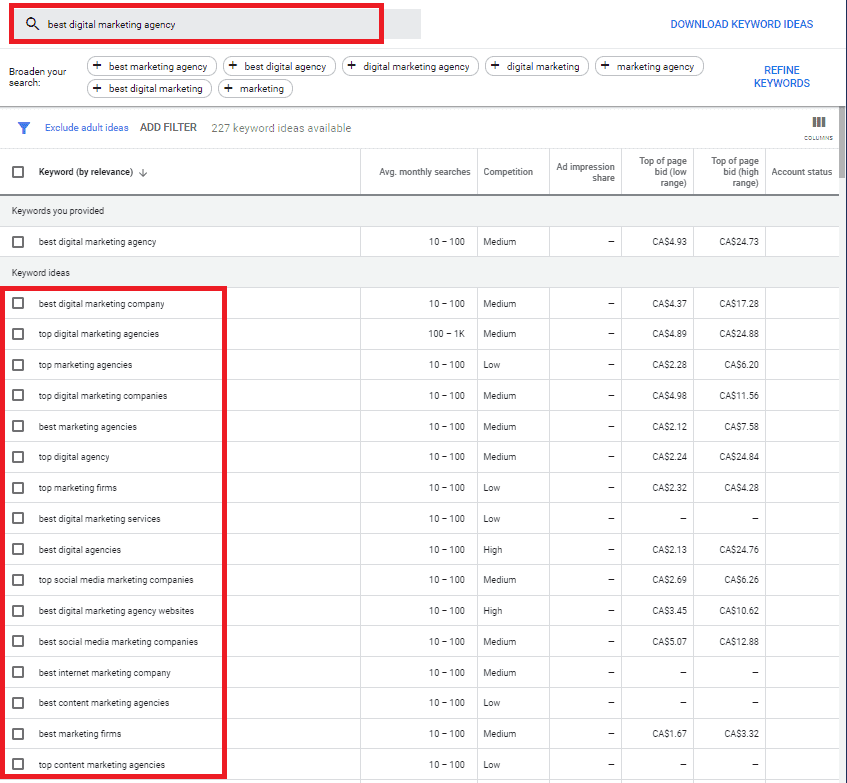 google keyword planner ideas