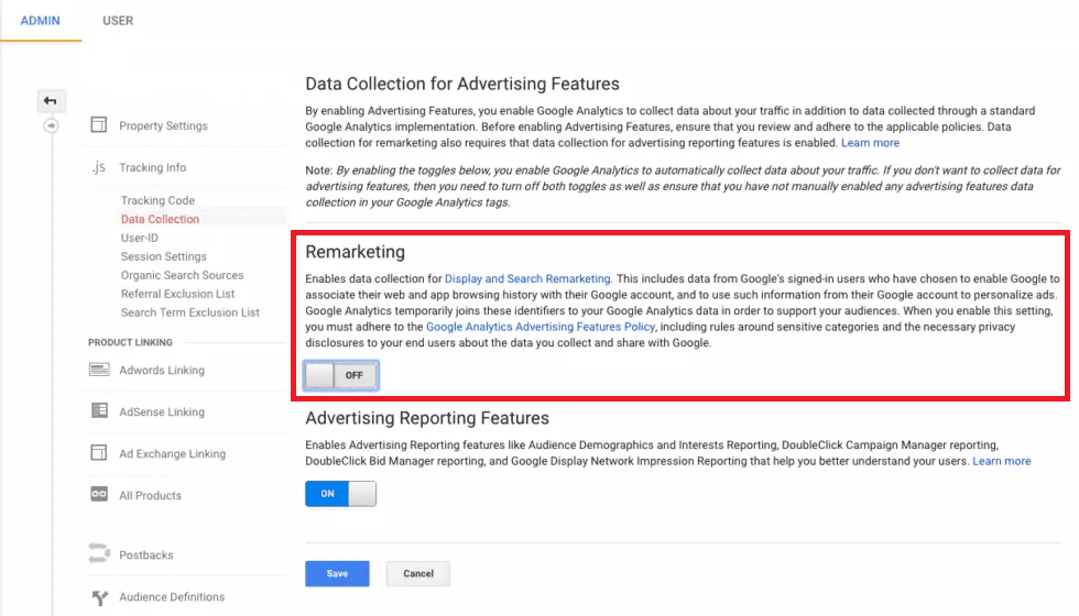 google analytics remarketing setting