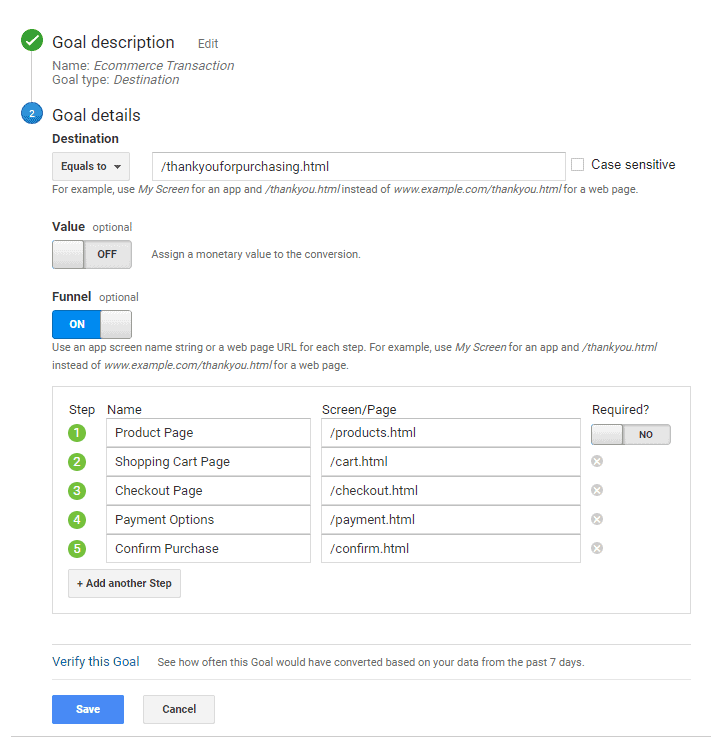 Google Analytics goals funnel