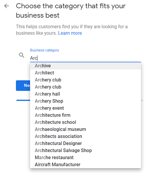Choosing a category on Google My Business