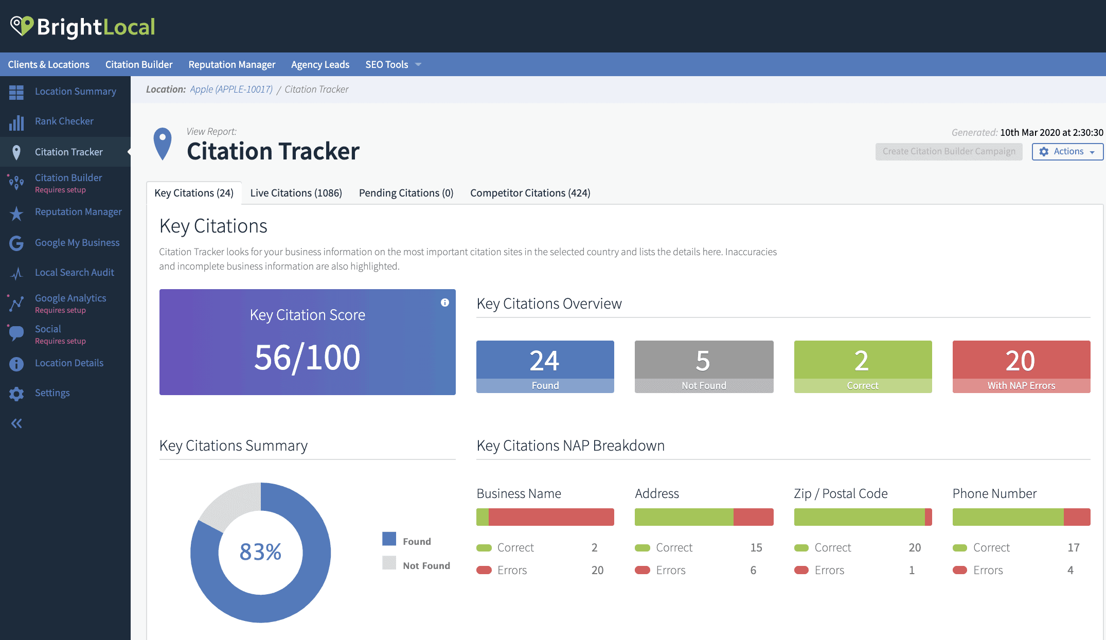 BrightLocal Citation Tracker Interface