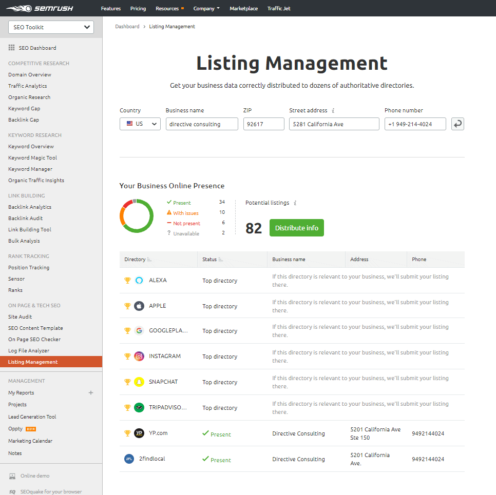 SEMrush Listing Management page