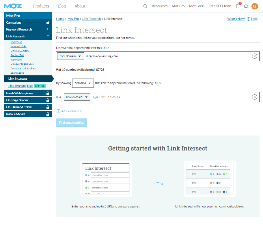 Moz Link Intersect Dashboard