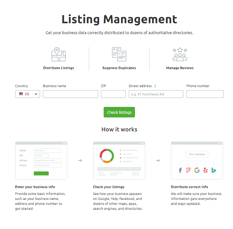 SEMRush listing management page