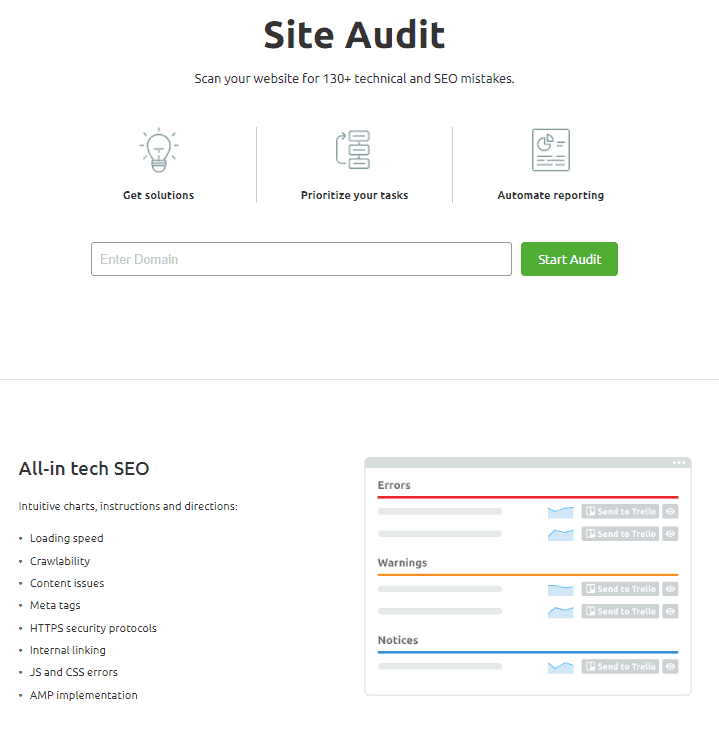SEMrush site audit page
